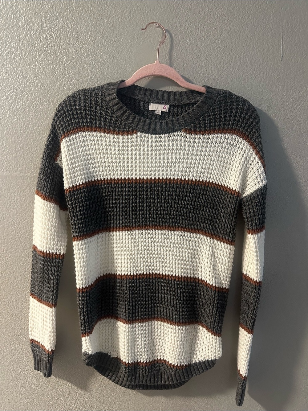 SO Striped Crewneck Sweater in Gray, White & Brown